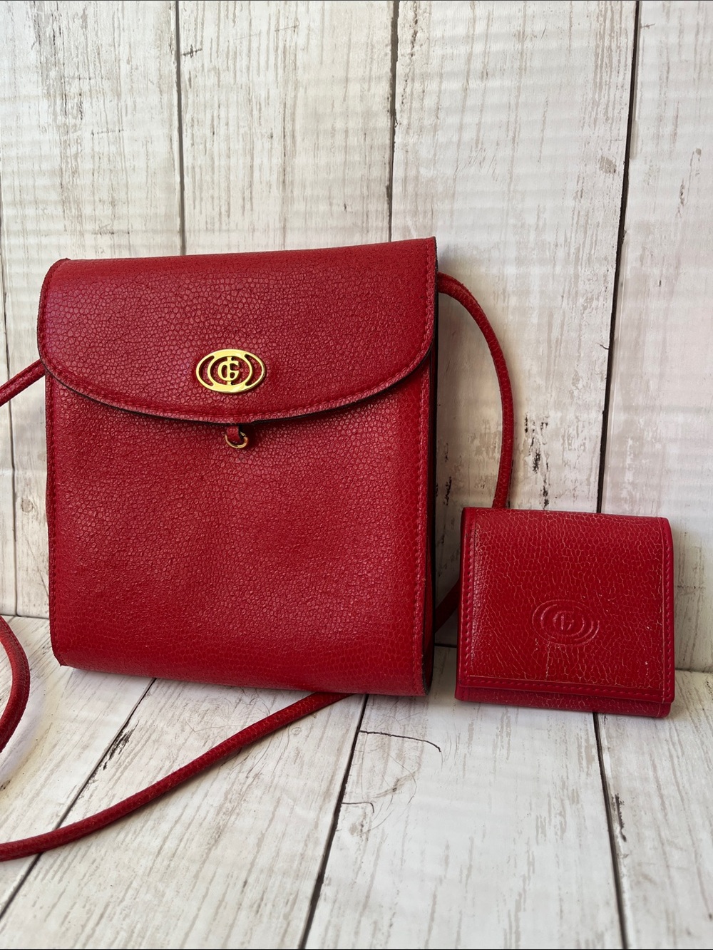 Vintage Gino Ferruzzi Firenze Red Pebbled Leather Crossbody Bag and Coin Purse